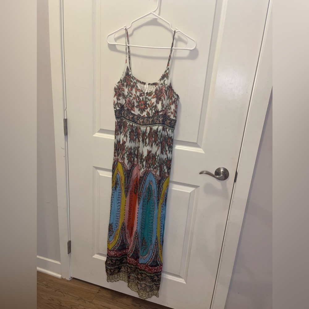 Anthropologie VIRGINIA M Ivory Blue Floral Chiffon Maxi Boho Dress
